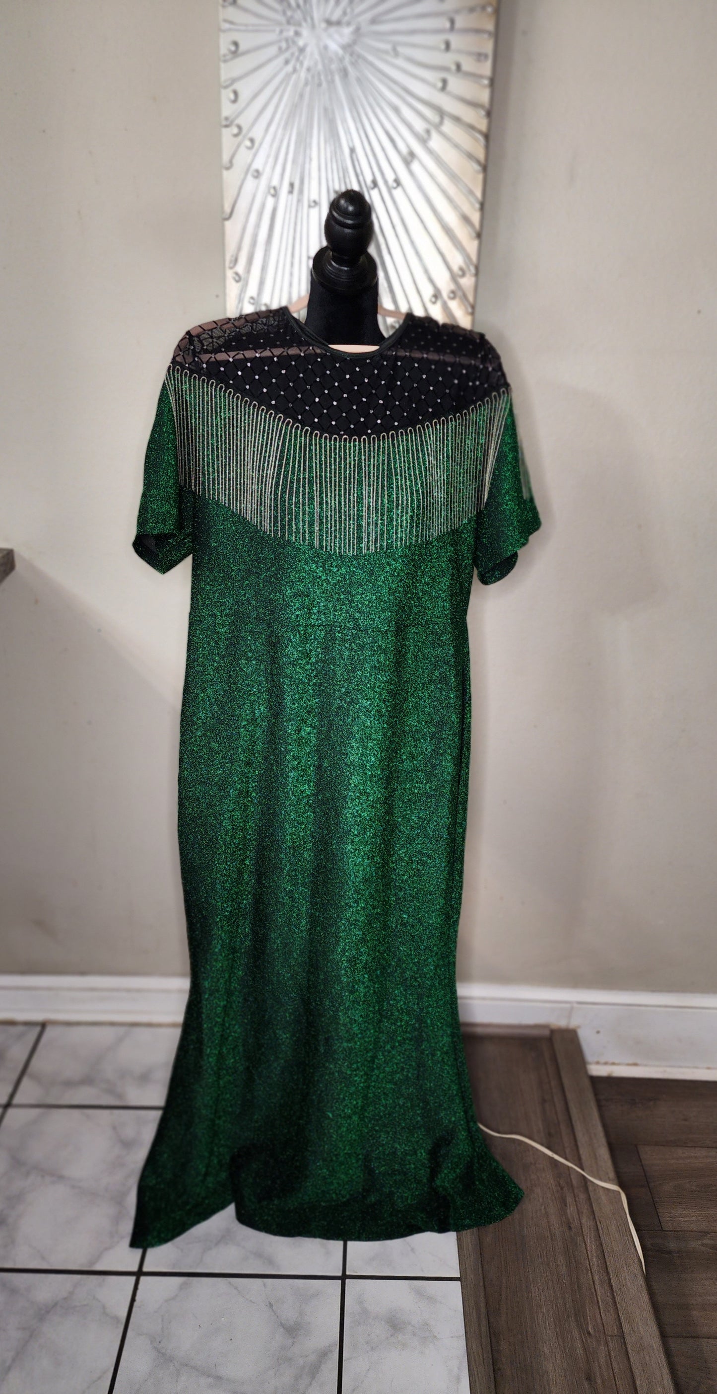 Shein Curve Green Glitter with Silver Fringes Maxi Dress