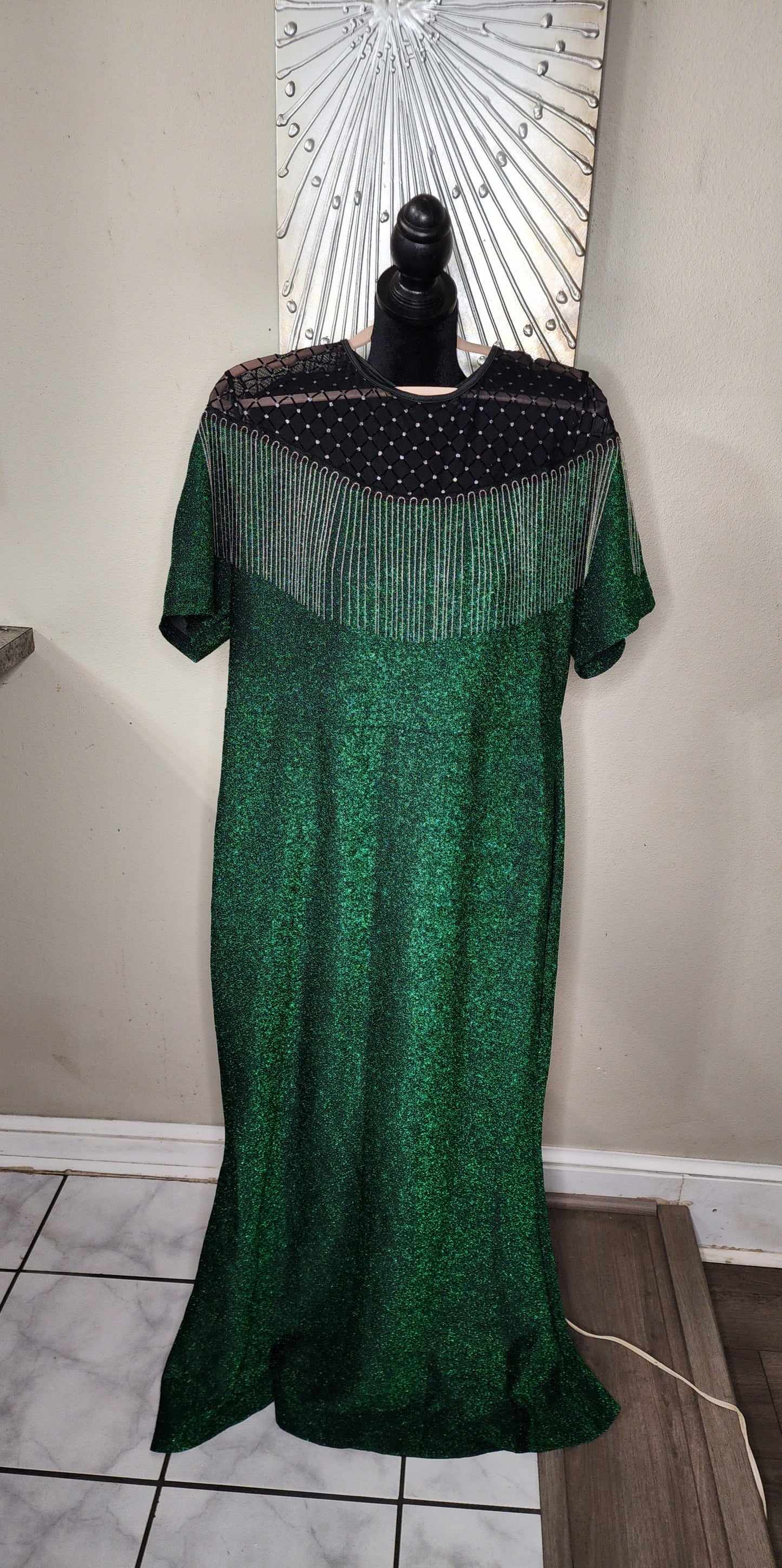 Shein Curve Green Glitter with Silver Fringes Maxi Dress