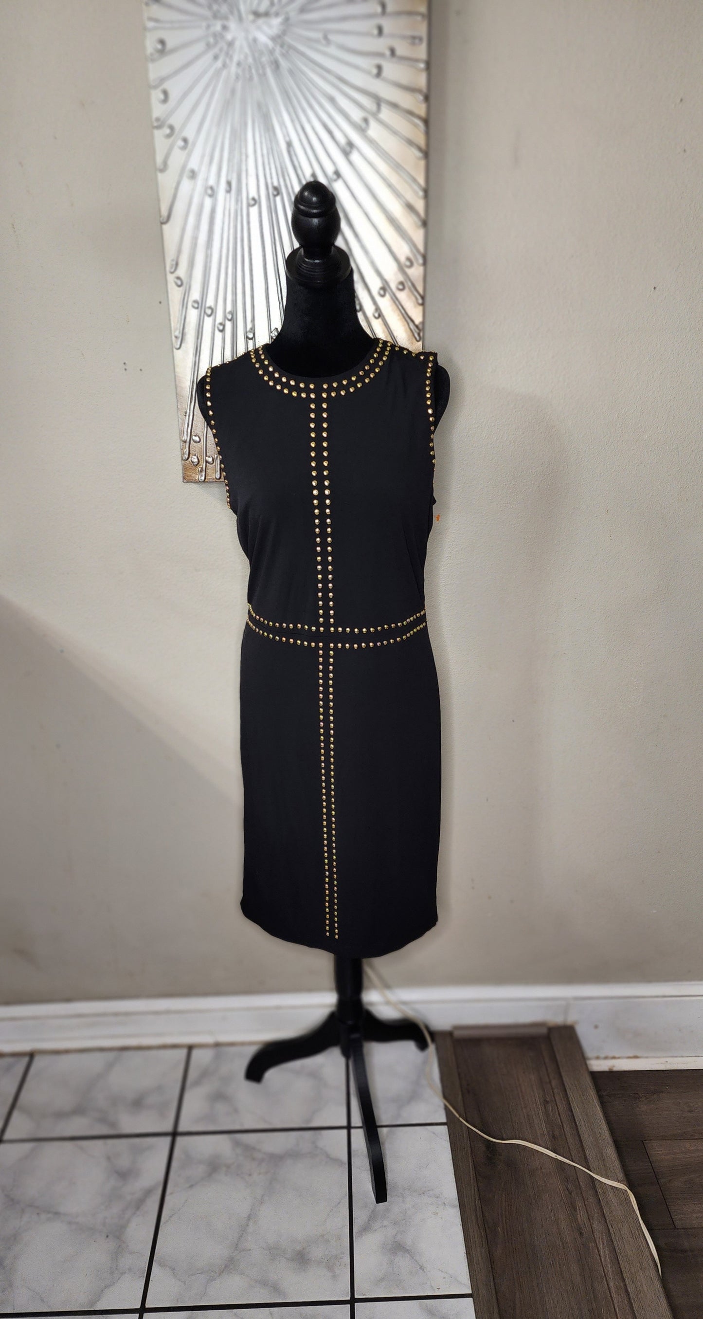 Carmen Marc Valvo Black and Gold Studded Midi Dress