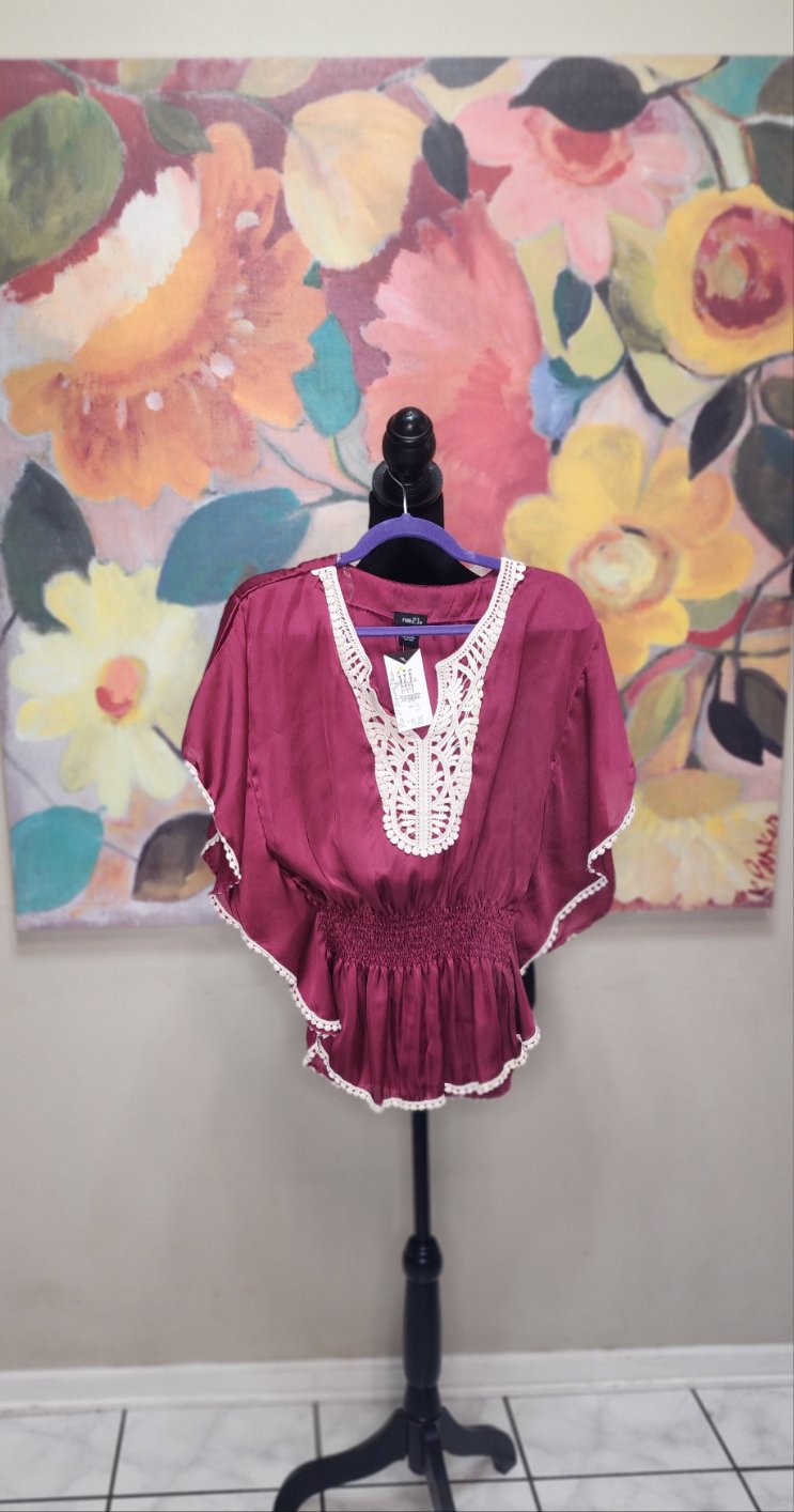 Rue 21 Burgundy Blouse with Beige Lace