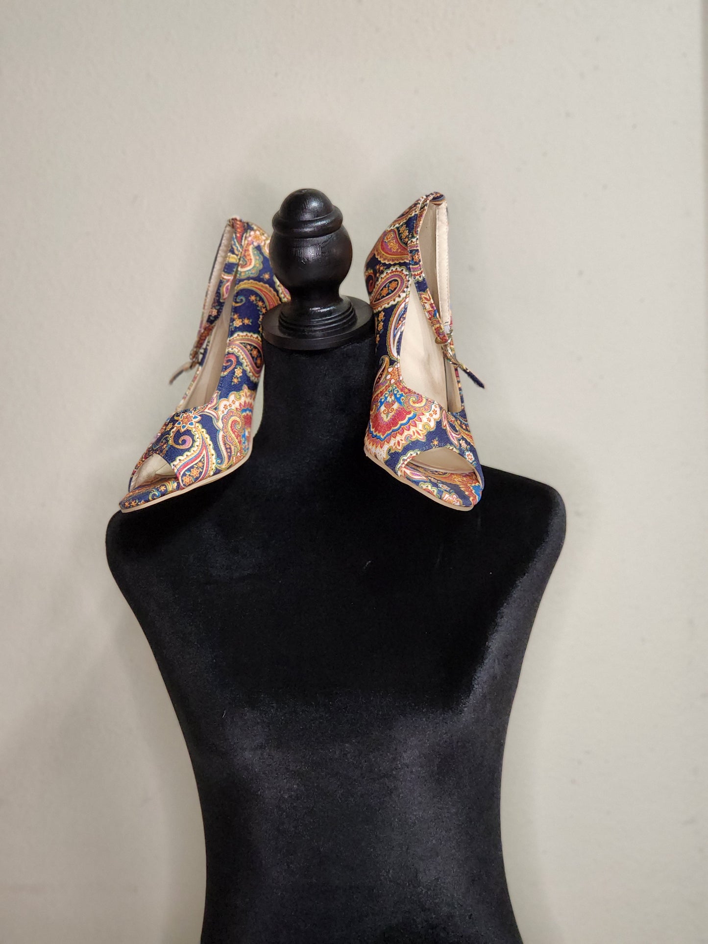 Navy Paisley Peep Toe Ankle Strap Pumps