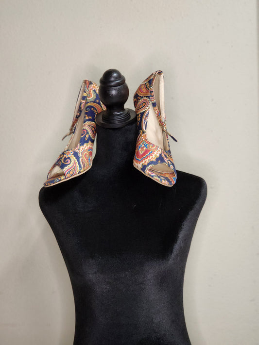 Navy Paisley Peep Toe Ankle Strap Pumps