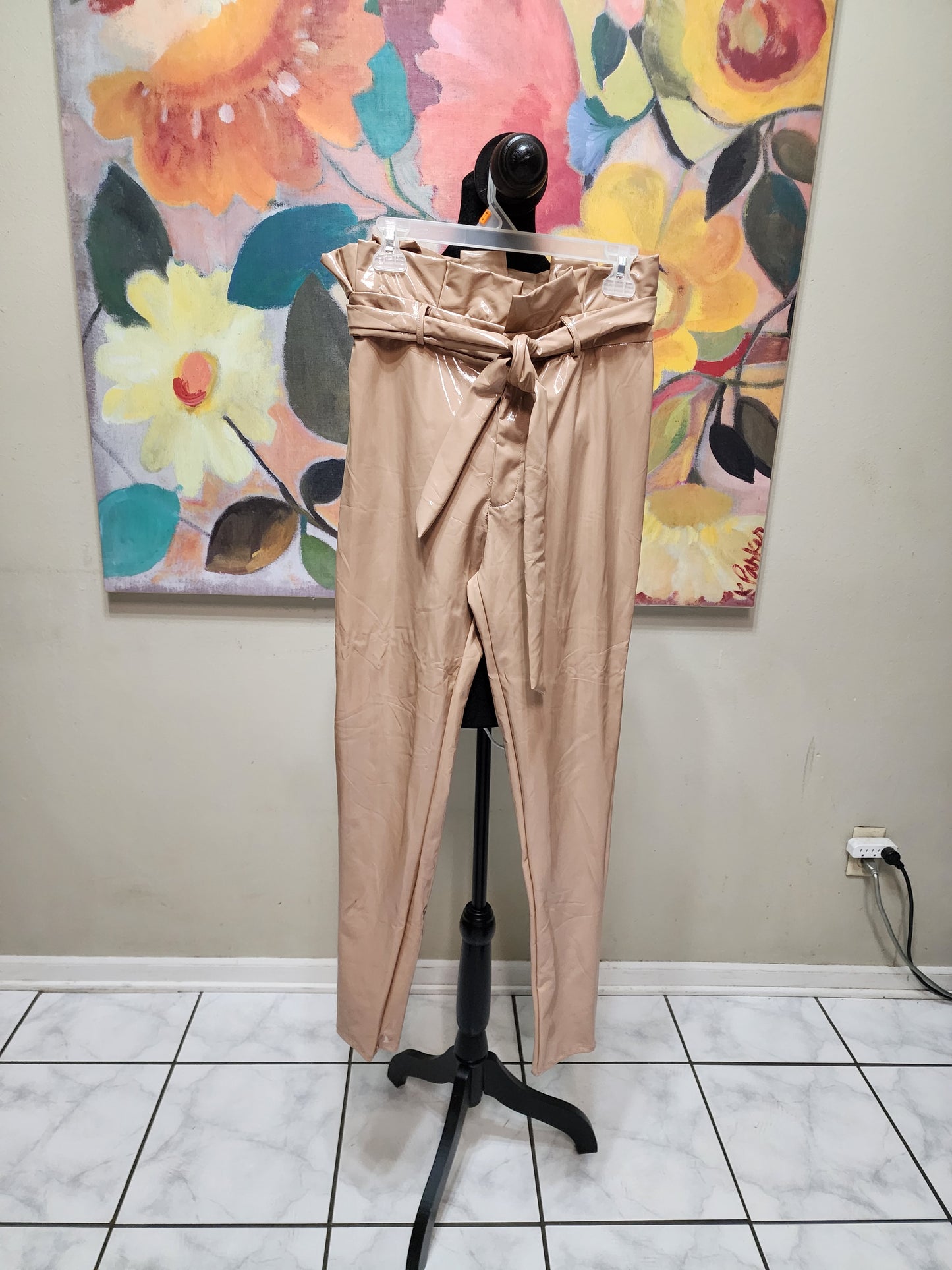 Fashion Nova Beige Liquid Look Belted Pants