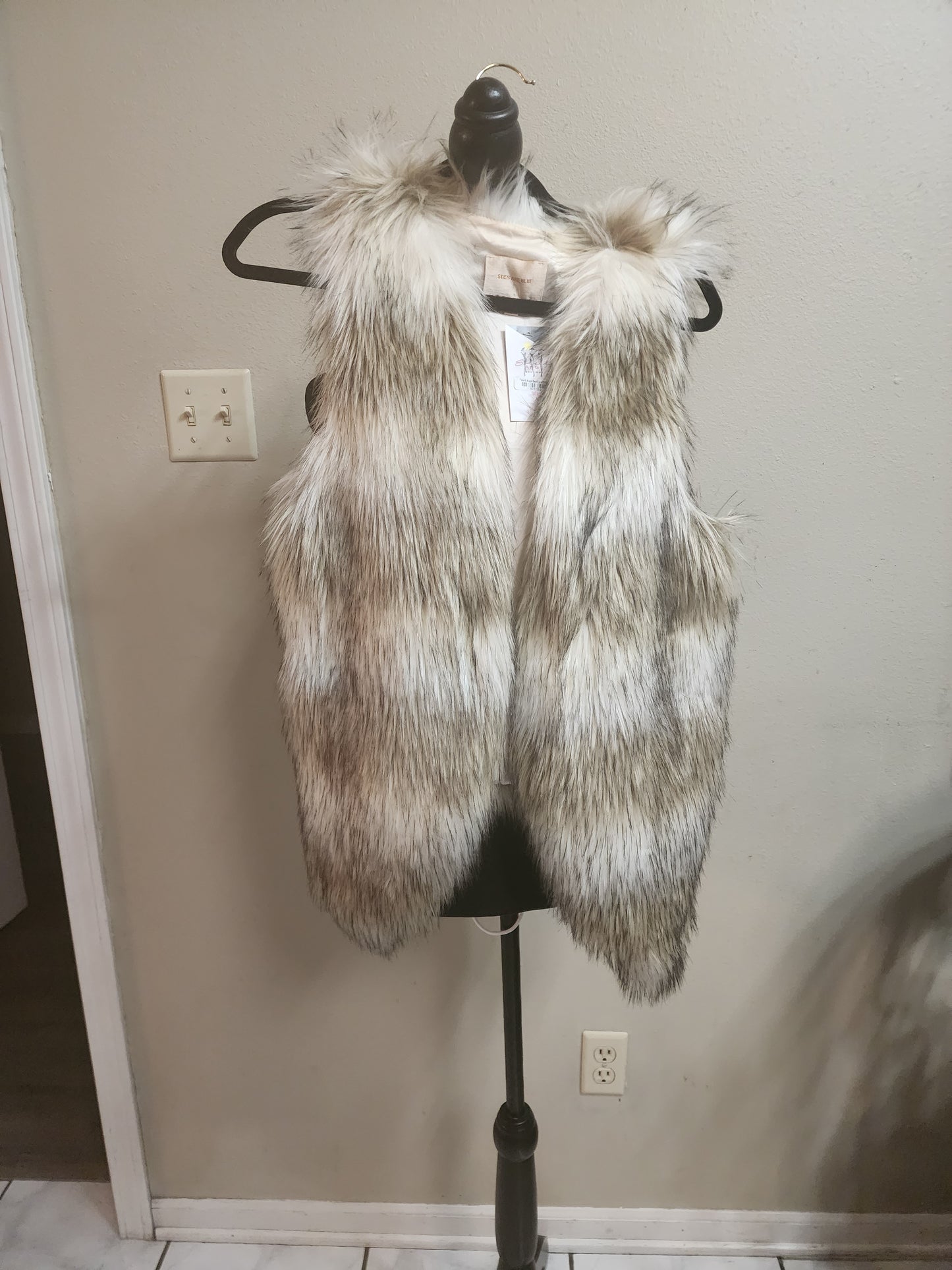 Skys Are Blue Gray, Brown White Faux Fur Vest