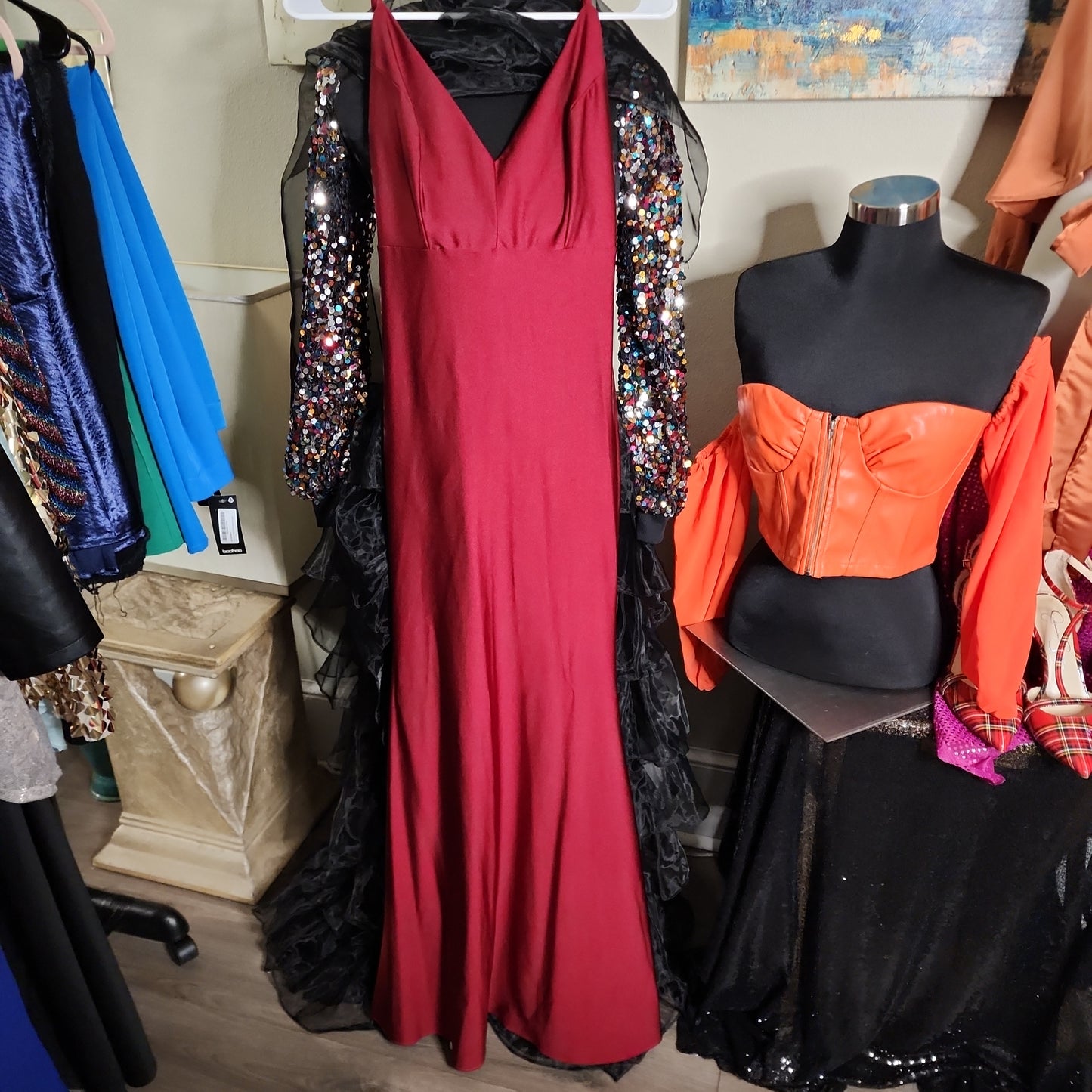Fashion Nova Burgundy Maxi with Ruched Back and Spaghetti Straps