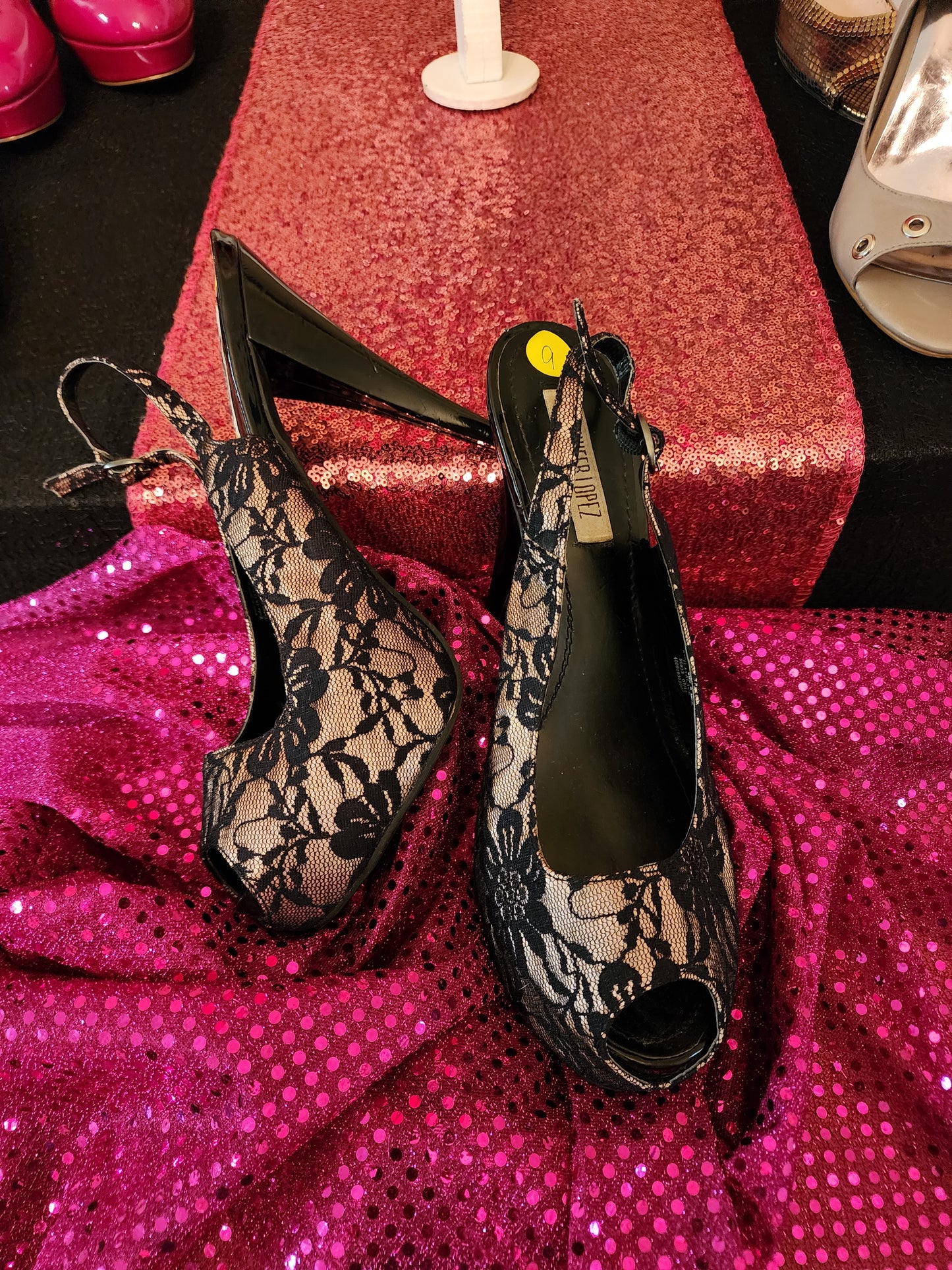 Jennifer Lopez Black Lace Sling Pump w/Peep Toe