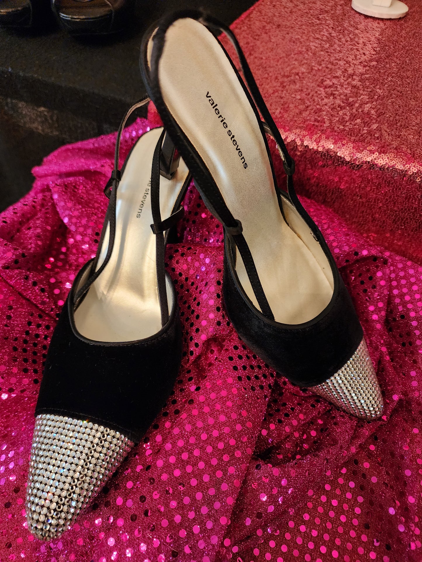 Valerie Stevens Velvet Rhinestone Sling Back Pumps