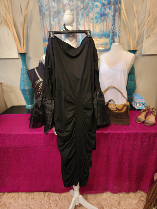 Preself Black Ruched Bottom Body Con Mesh Bell Sleeves