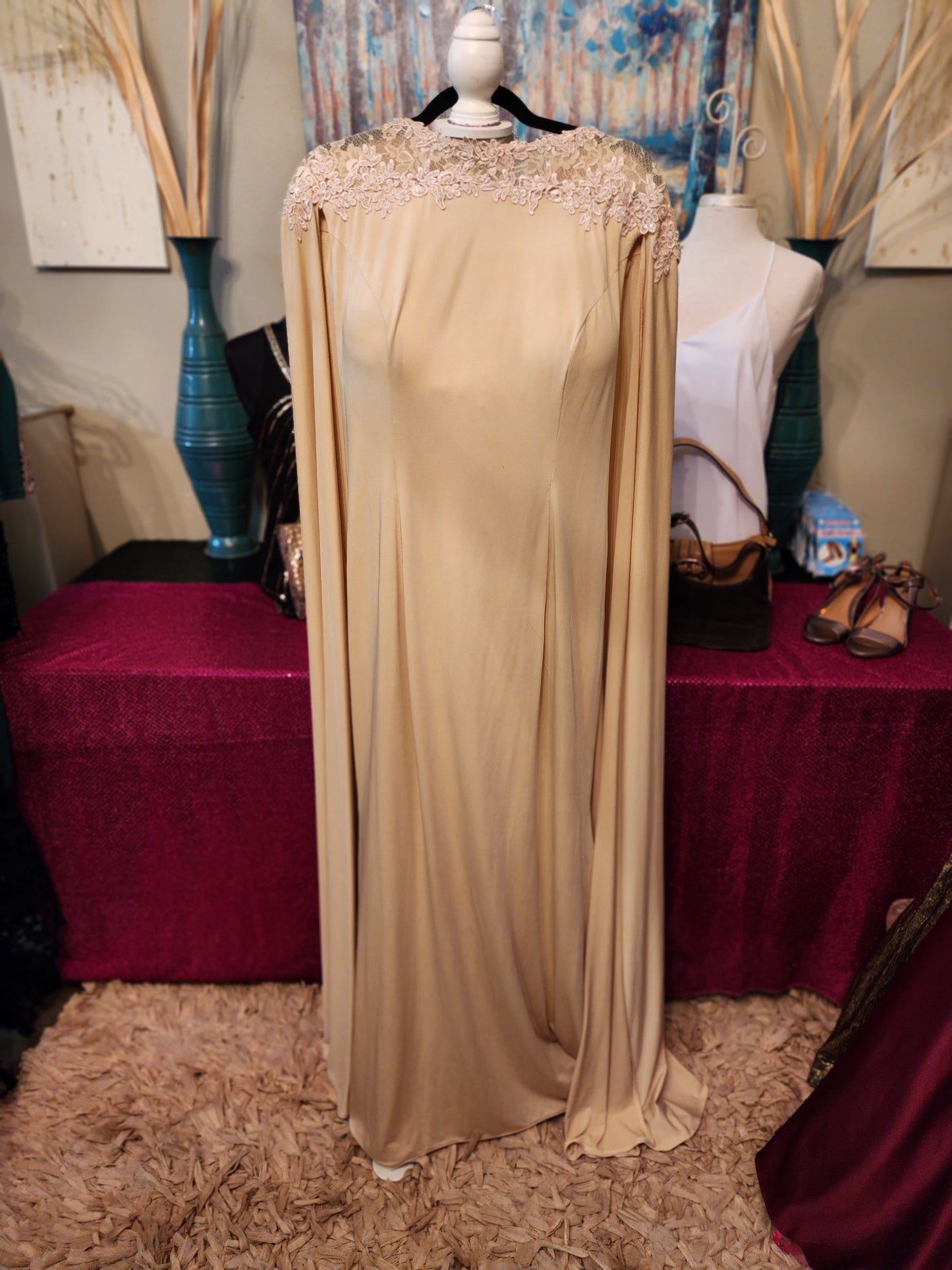 Beige Cape Gown with Lace Appliques