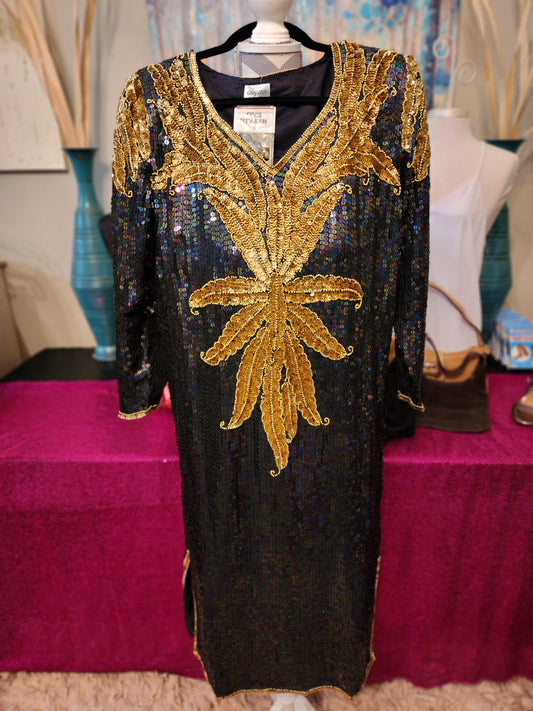 Elegance by Anujan Black and Gold Sequin Dress