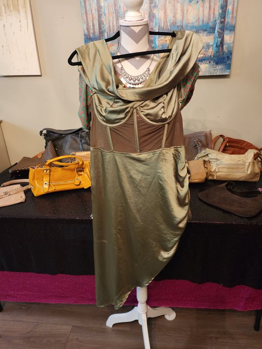 Pretty Little Thing Olive Green Mesh insert Underwire Satin Dress