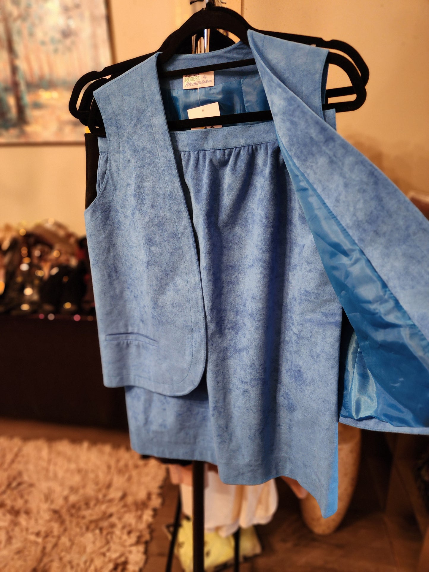 Samuel Robert by Peter Hatsi Androu Vintage Blue Suede Suit (Skirt and Vest)