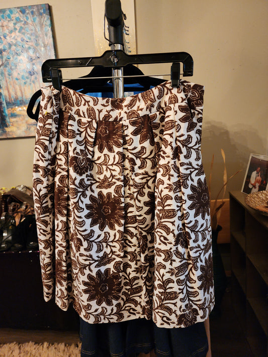 Talbots Linen Pleated Skirt Brown Floral w/Pockets