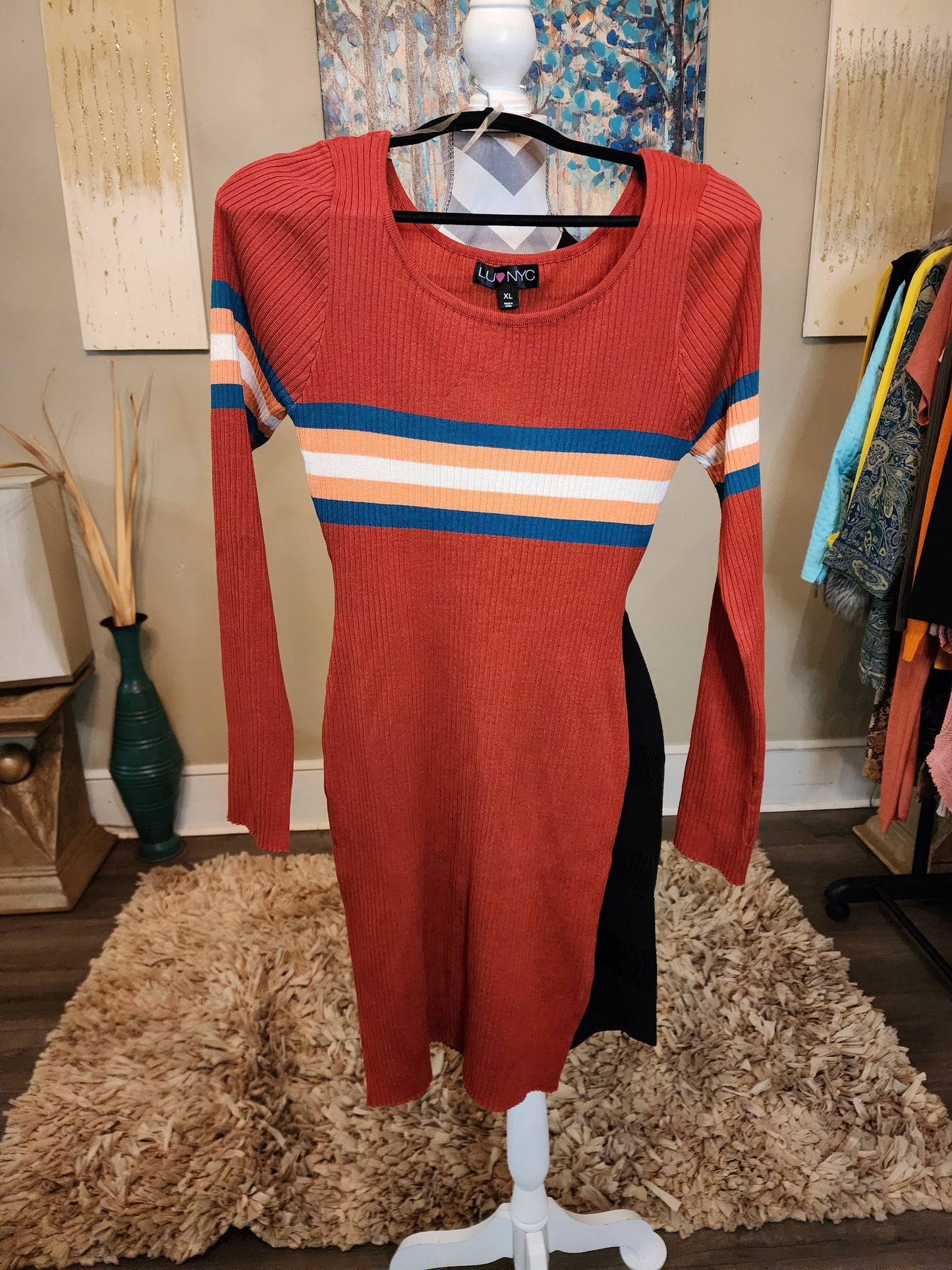 LU NYC Rust Long Sleeve Ribbed Dress