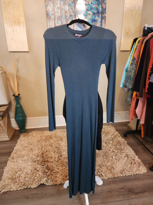 Nasty Gal Teal Ribbed Sweater Dress with High Split and Long Sleeve