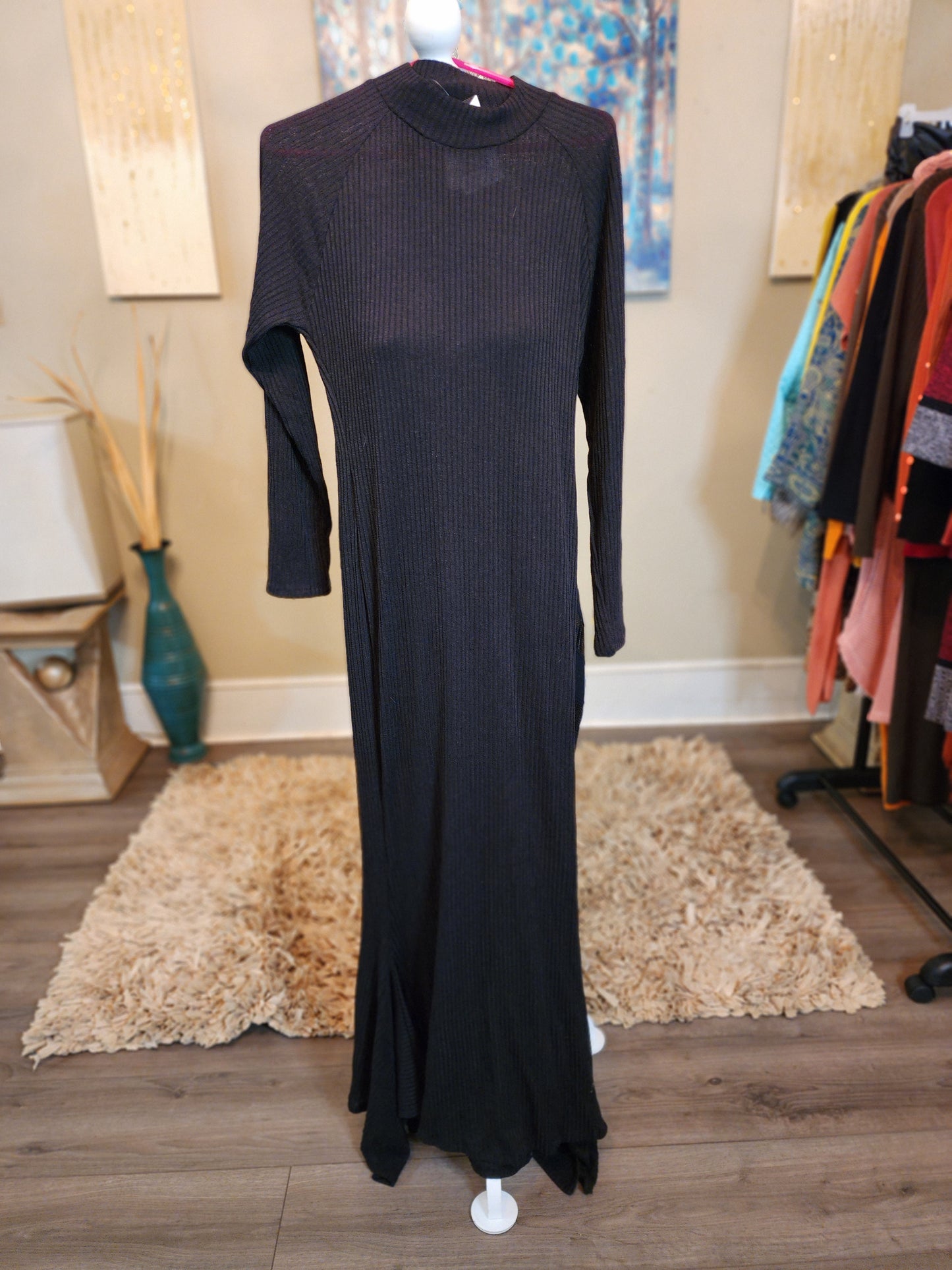 Black Sheer Long Sleeve Ribbed Sweater Dress