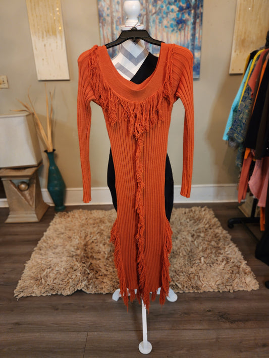 Rust Ribbed Fringe Sweater Dress Long Sleeve