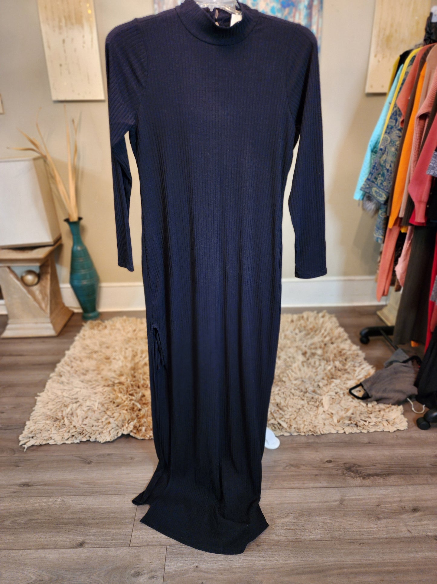 Fashion Nova Ribbed Black Maxi with High Side Split Long Sleeves