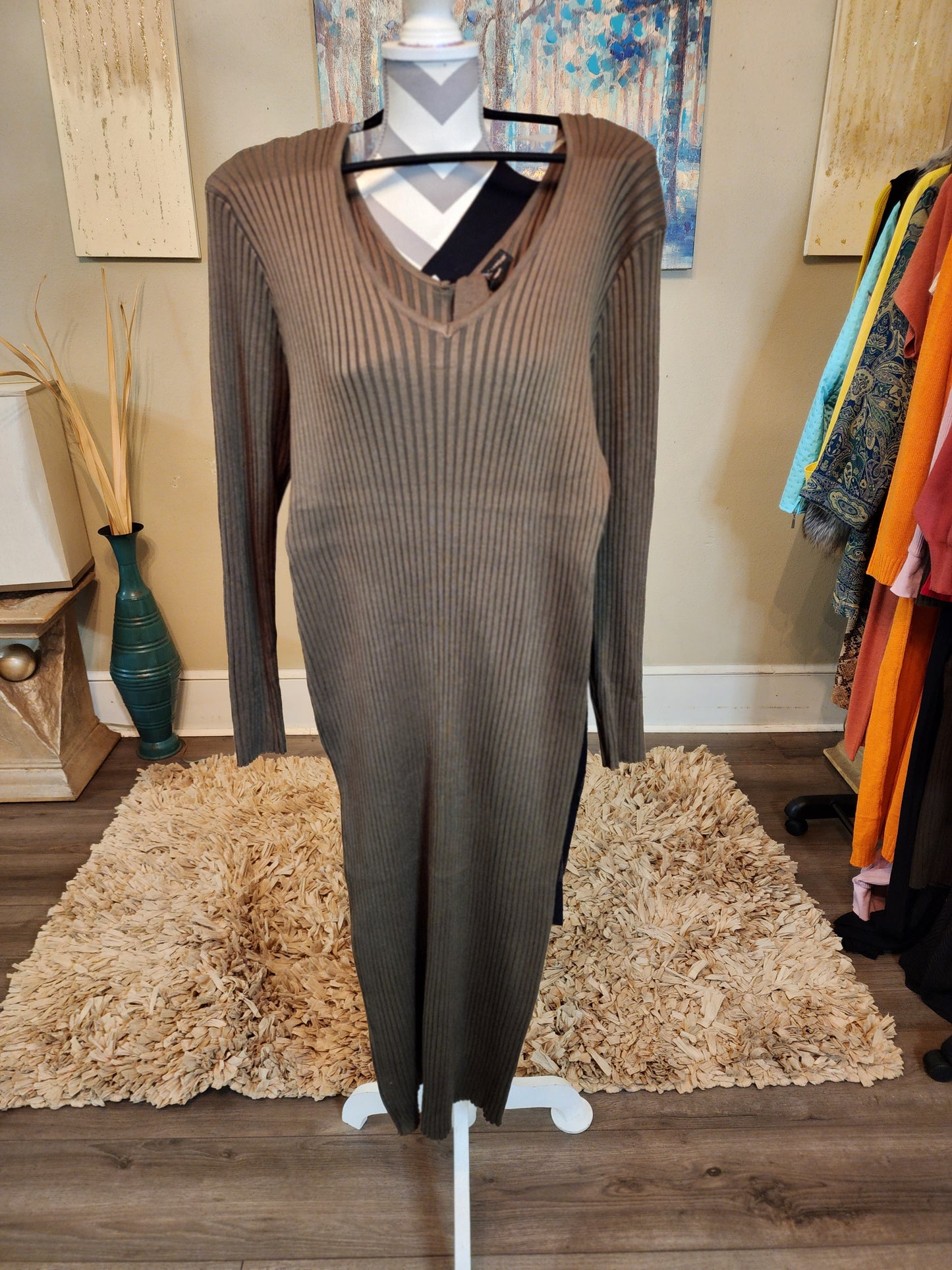 Almost Famous Olive Green Belted Ribbed Sweater Dress