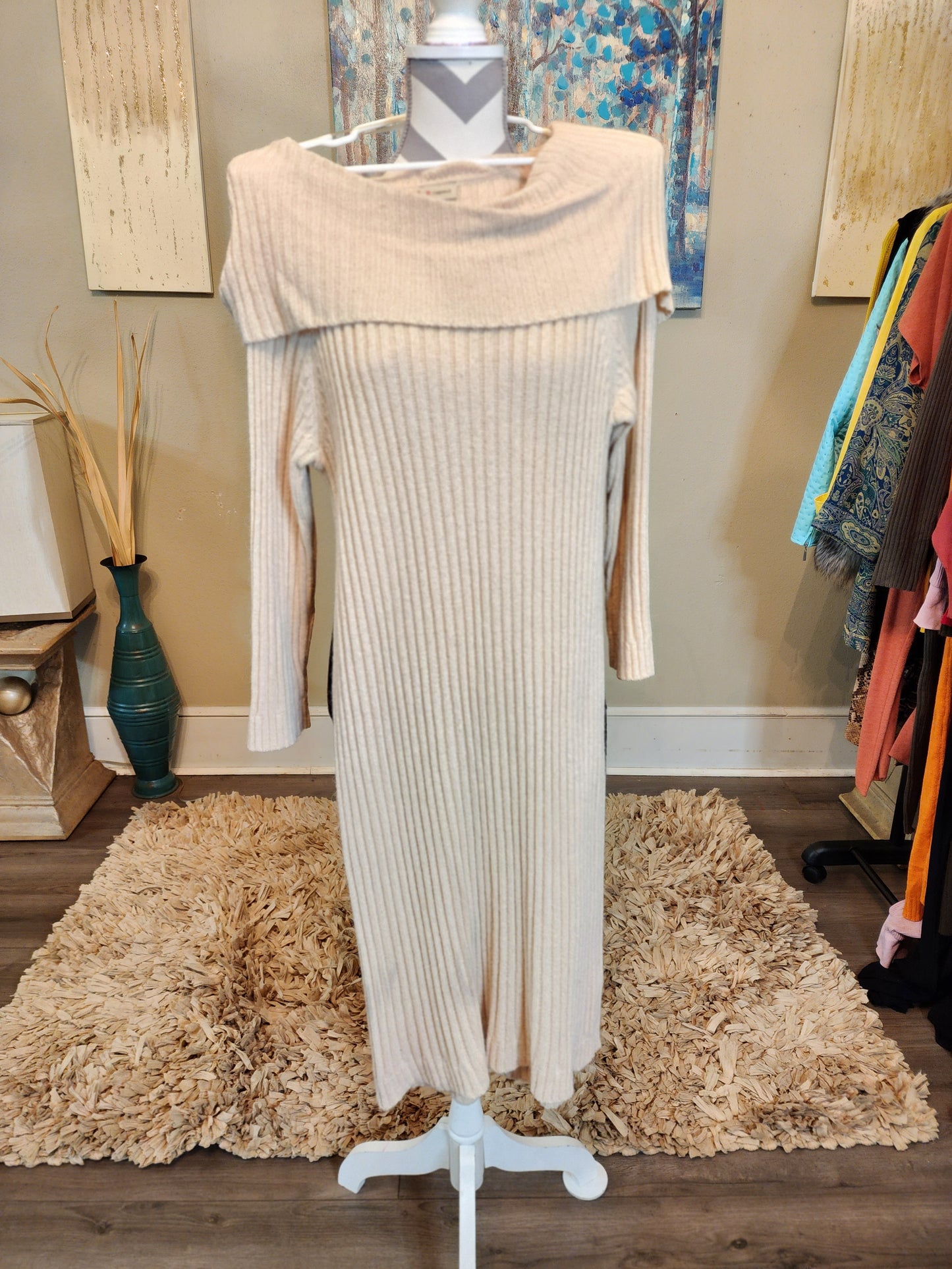 Cremieux Beige Ribbed Sweater Dress