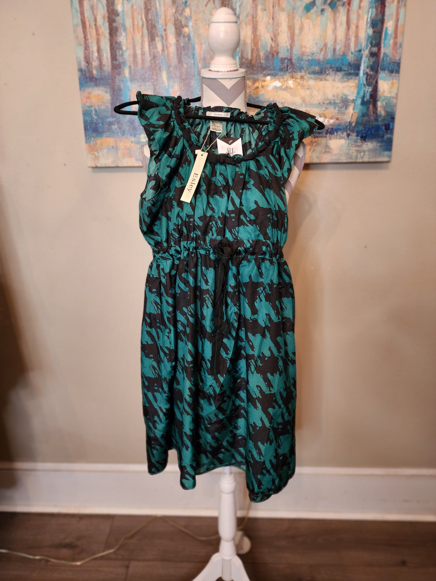 Esley  Green and Black Print Dress