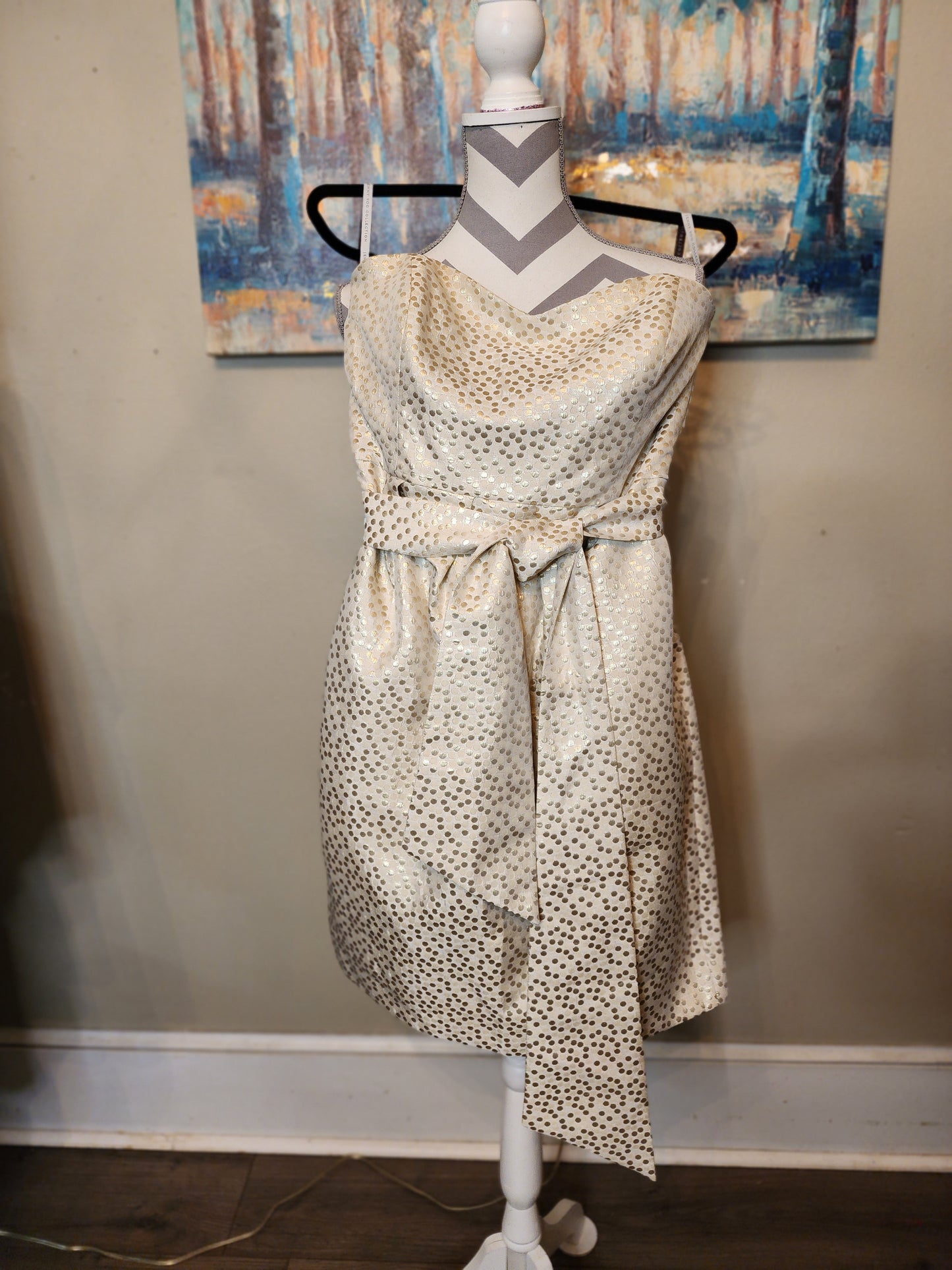 Jenny Yoo  Strapless Evening Dress with Gold Polka Dots
