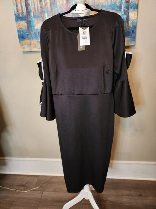 Buxom Curvy Black Midi Dress with Bows on the Sleeve