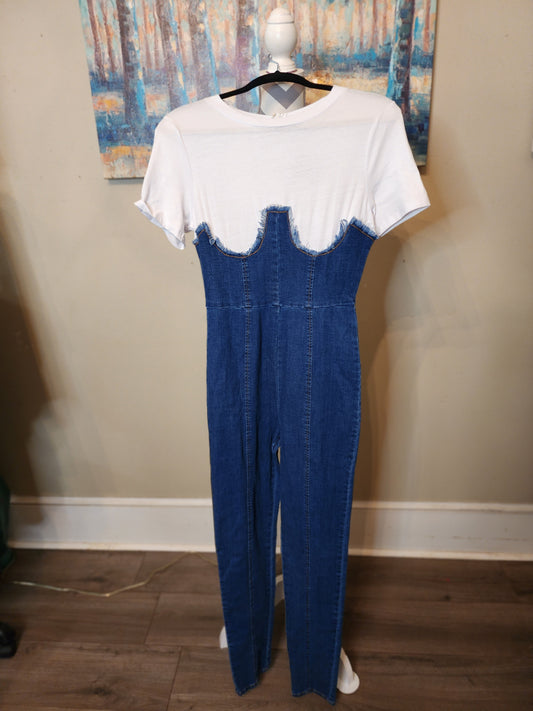 Fashion Nova Denim Jumpsuit with White Shit Attached