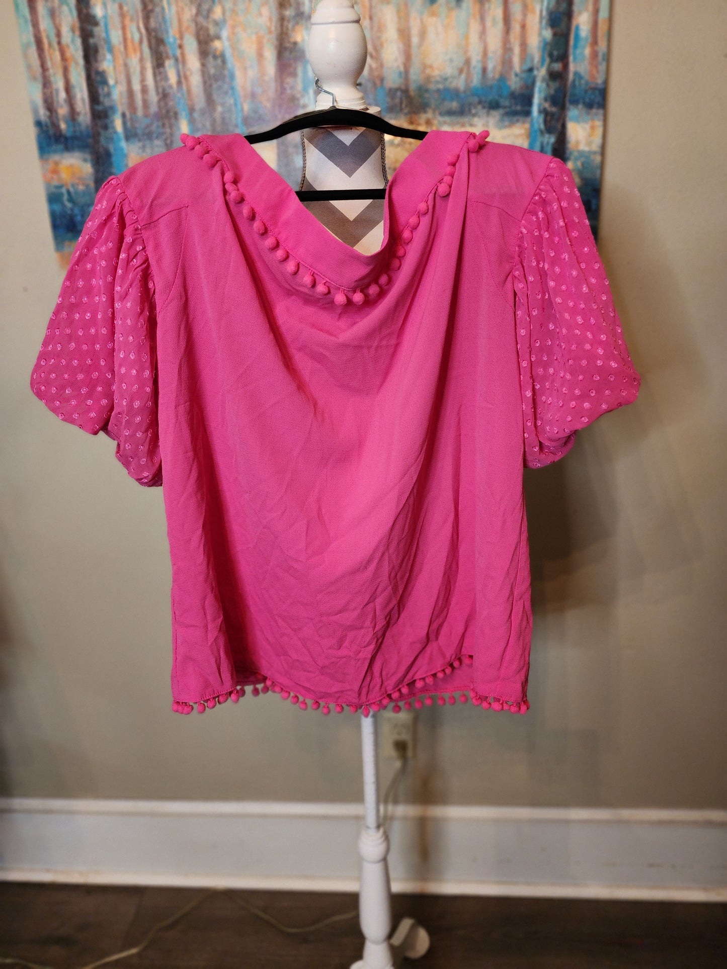 Umgee Pink Off the Shoulder Blouse with Fuzzy Balls