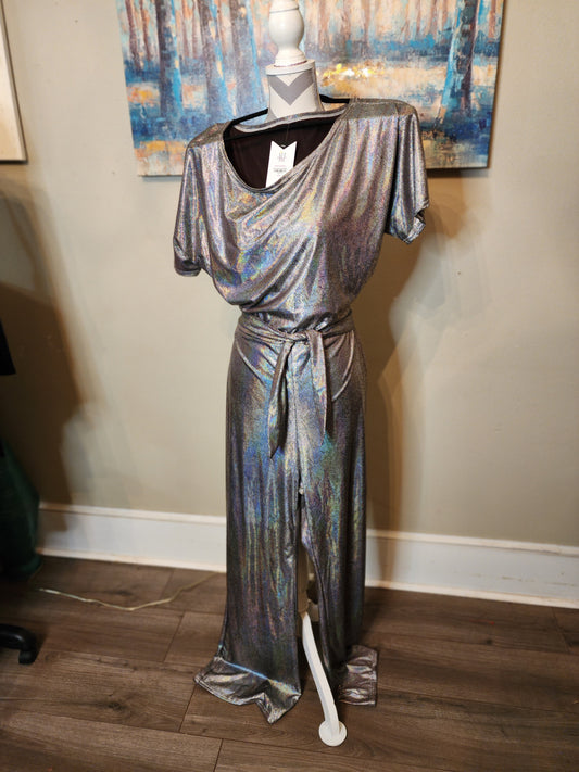 Silver Shimmer Belted Jumpsuit