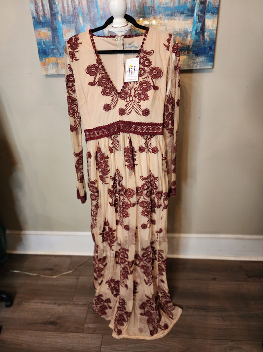 The Clothing Company Beige Mesh Maxi with Burgundy Embroidery