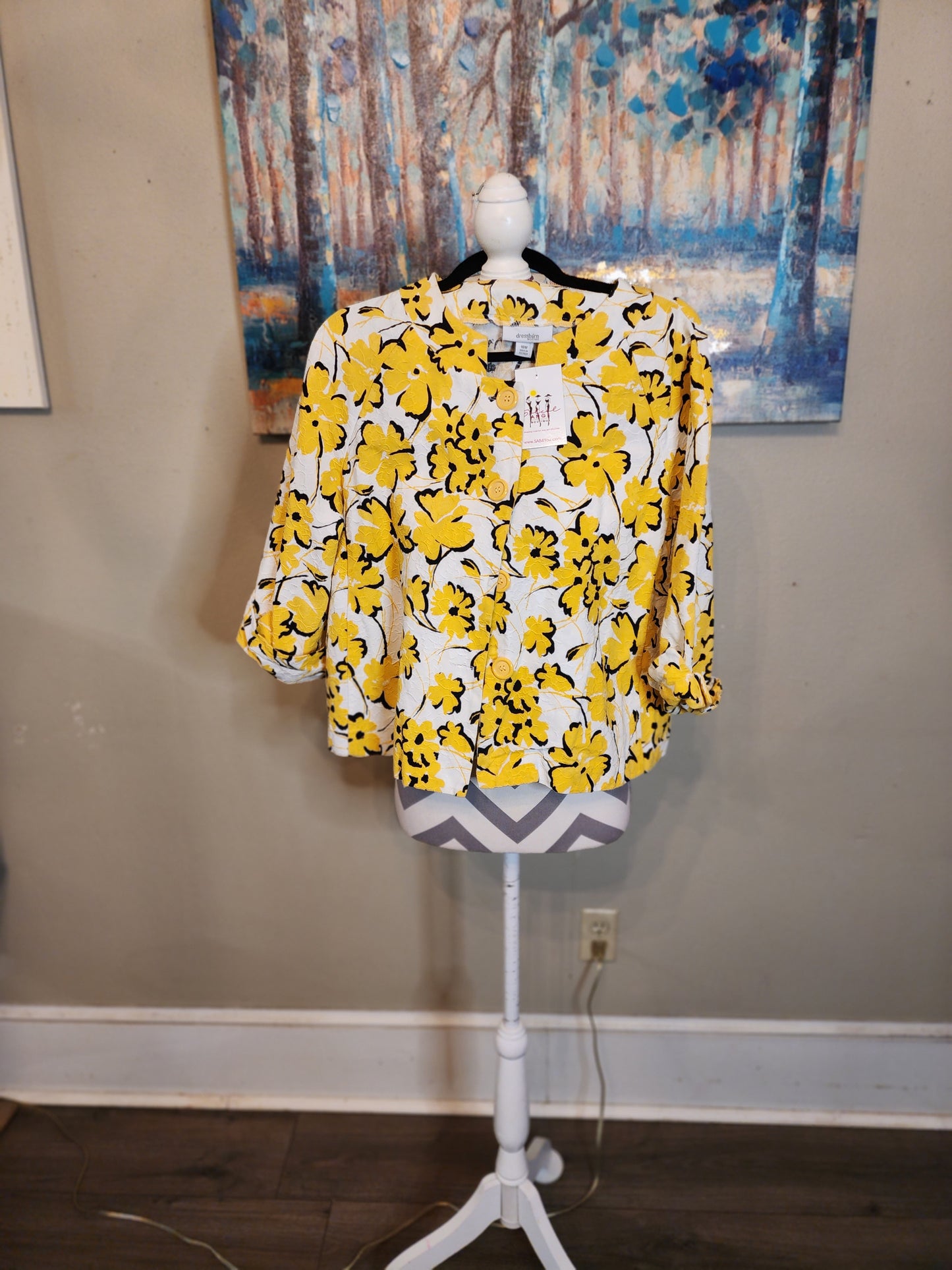 Dressbarn Floral Print Jacket in Yellow, Black and White