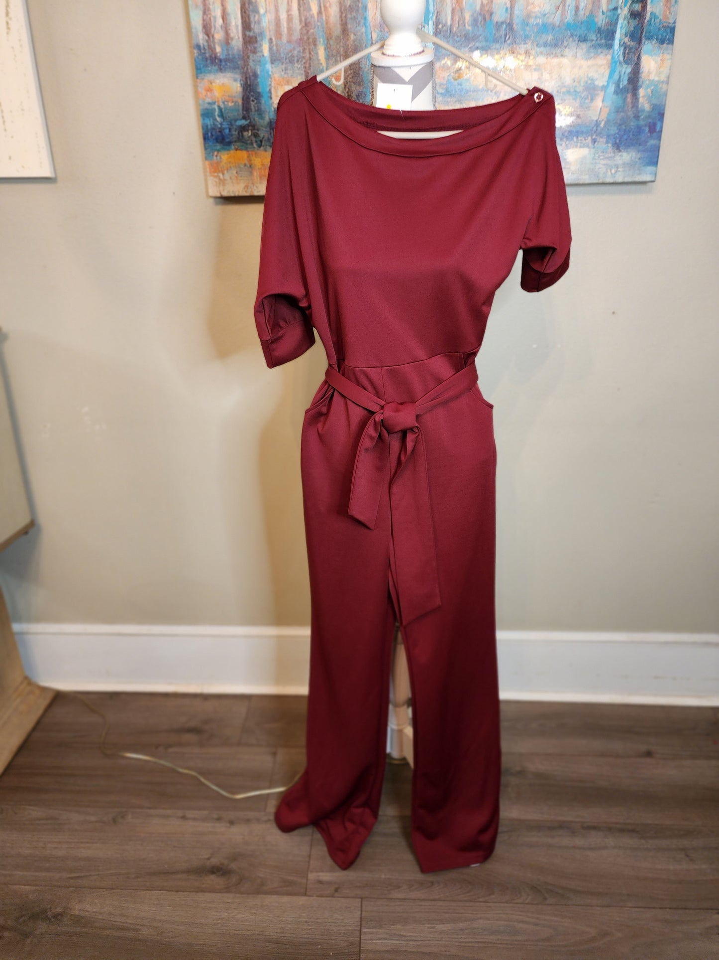 Burgundy Belted Jumpsuit with Button Sleeve