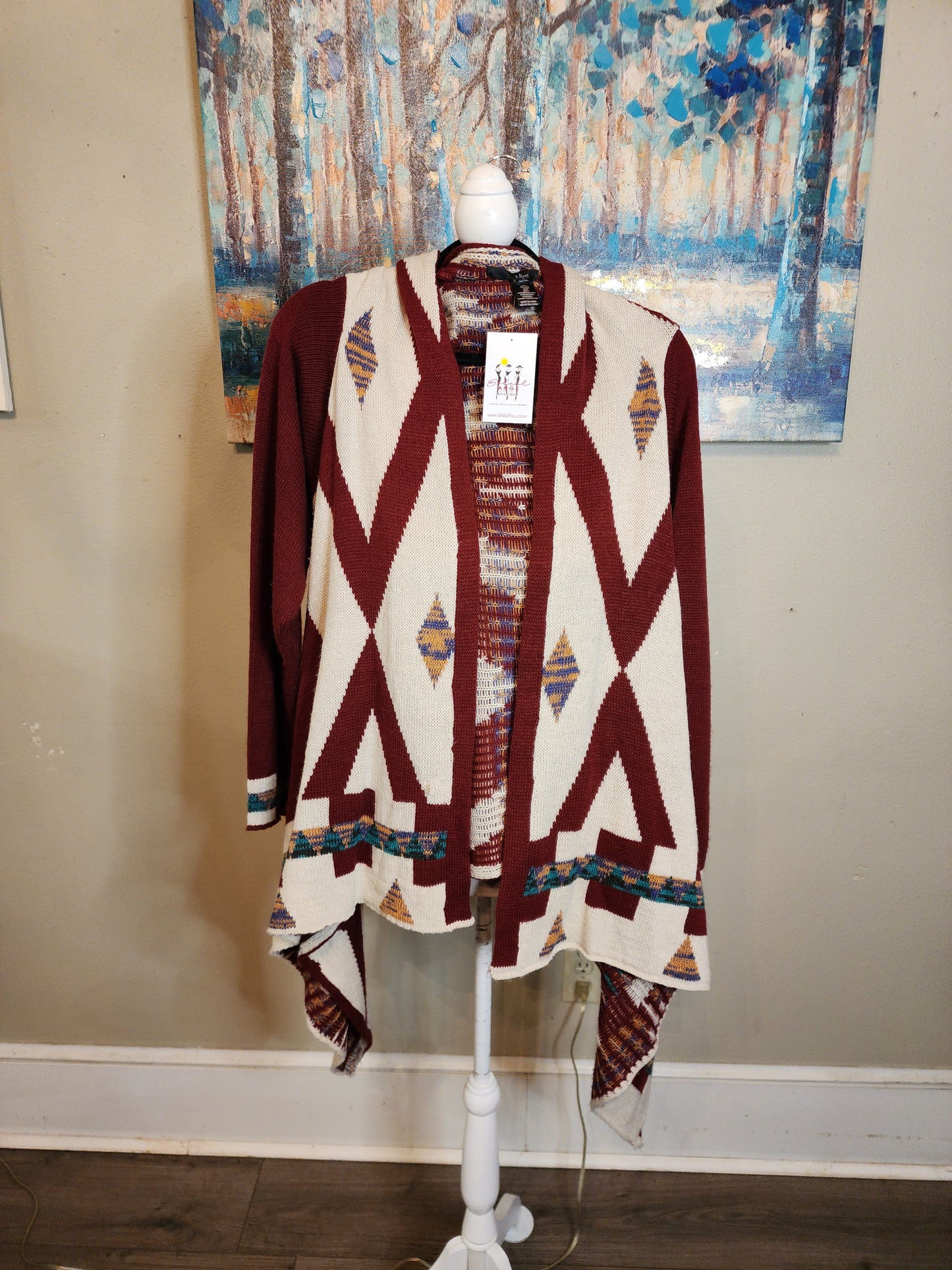 B Sharp Cardigan Tan and Burgundy