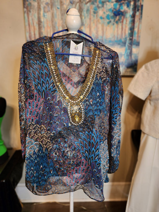 Sheer Jeweled Batwing Blouse