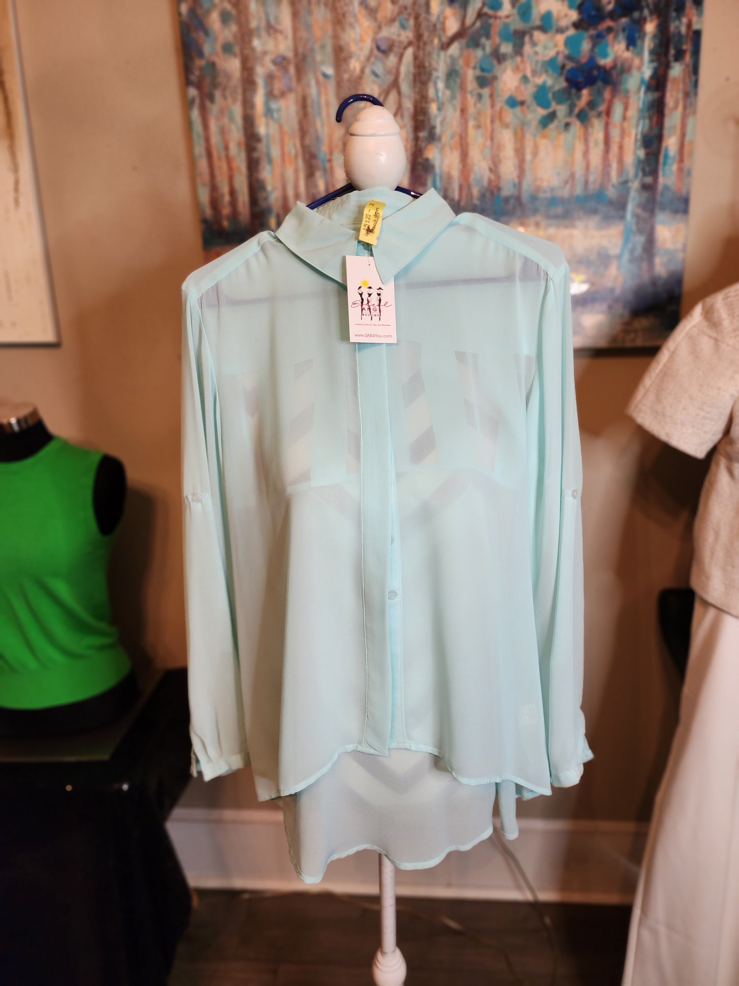 Sheer Powder Blue High/Low Blouse with Cutout back