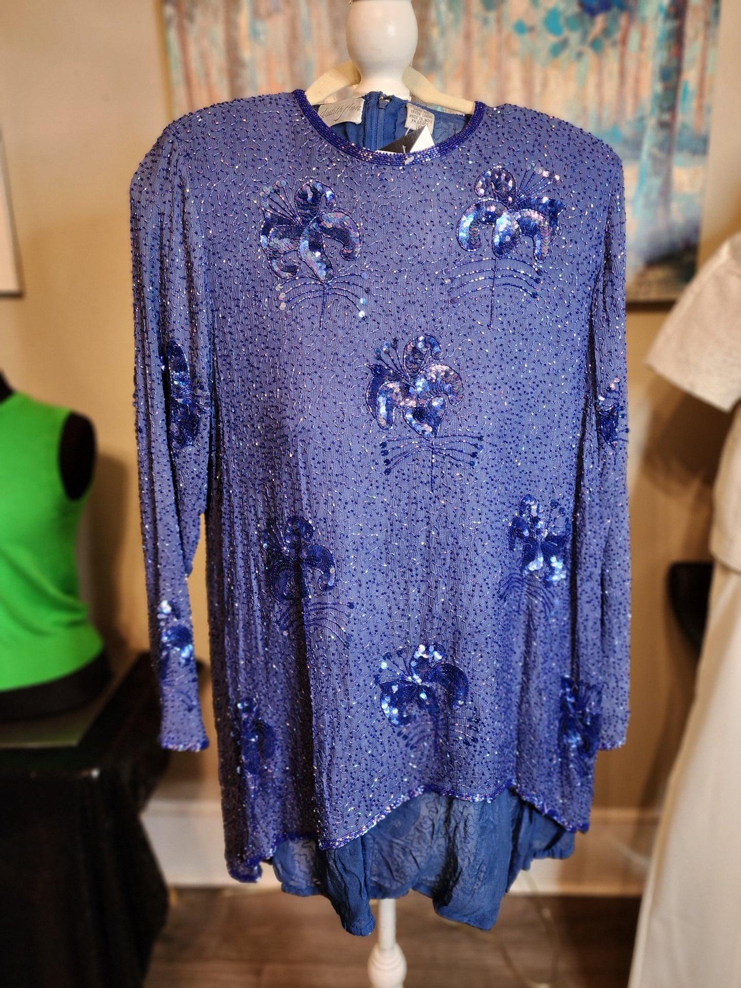 Judith Ann Blue Beaded and Sequin Blouse