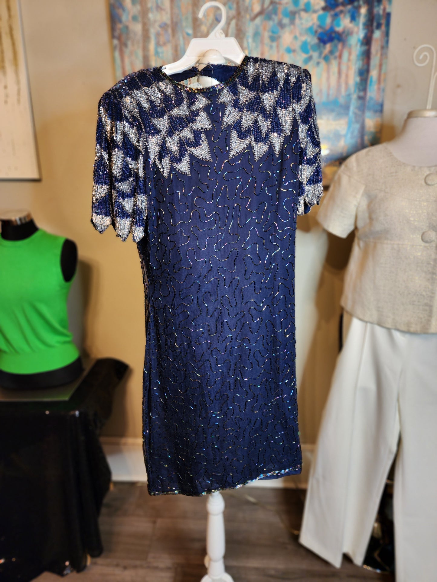 Silky Nights Navy Sequin and Beaded Dress