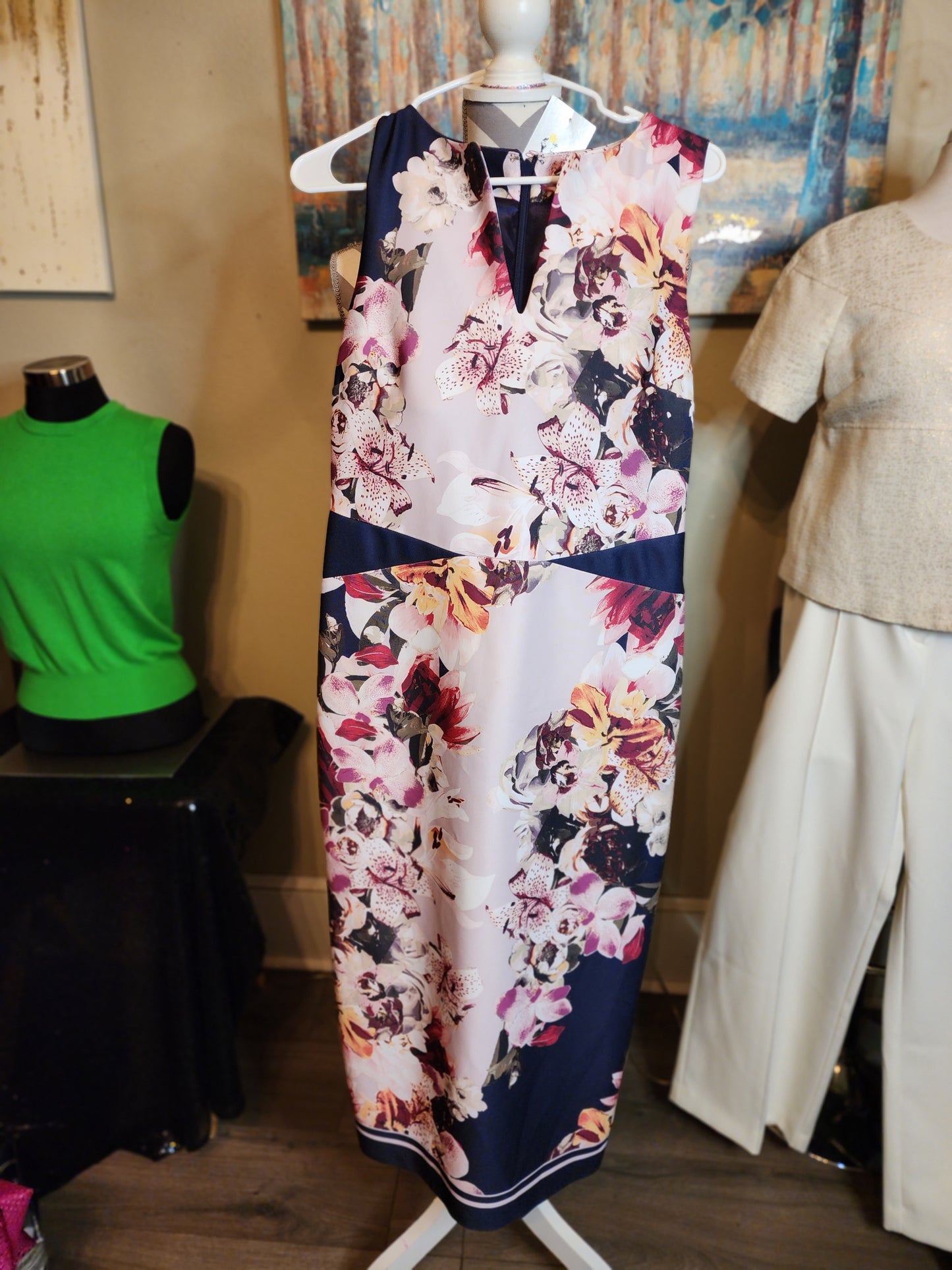 7th Avenue Design Studio New York & Company Pink and Navy Floral Print Midi Dress