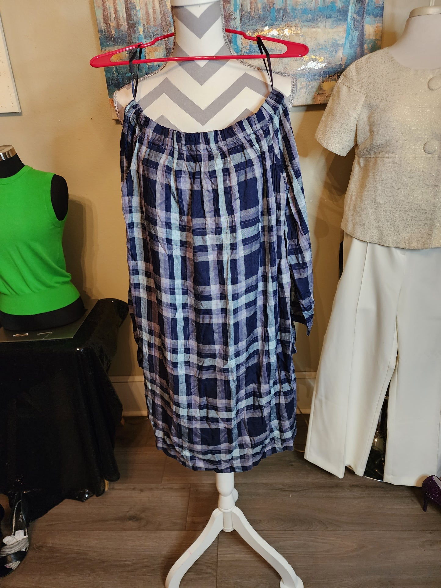 Knox Rose Blue Plaid Off the Shoulder Dress