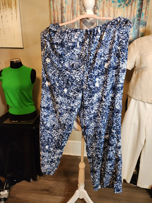 Blue and White Print Pants with Drawstring