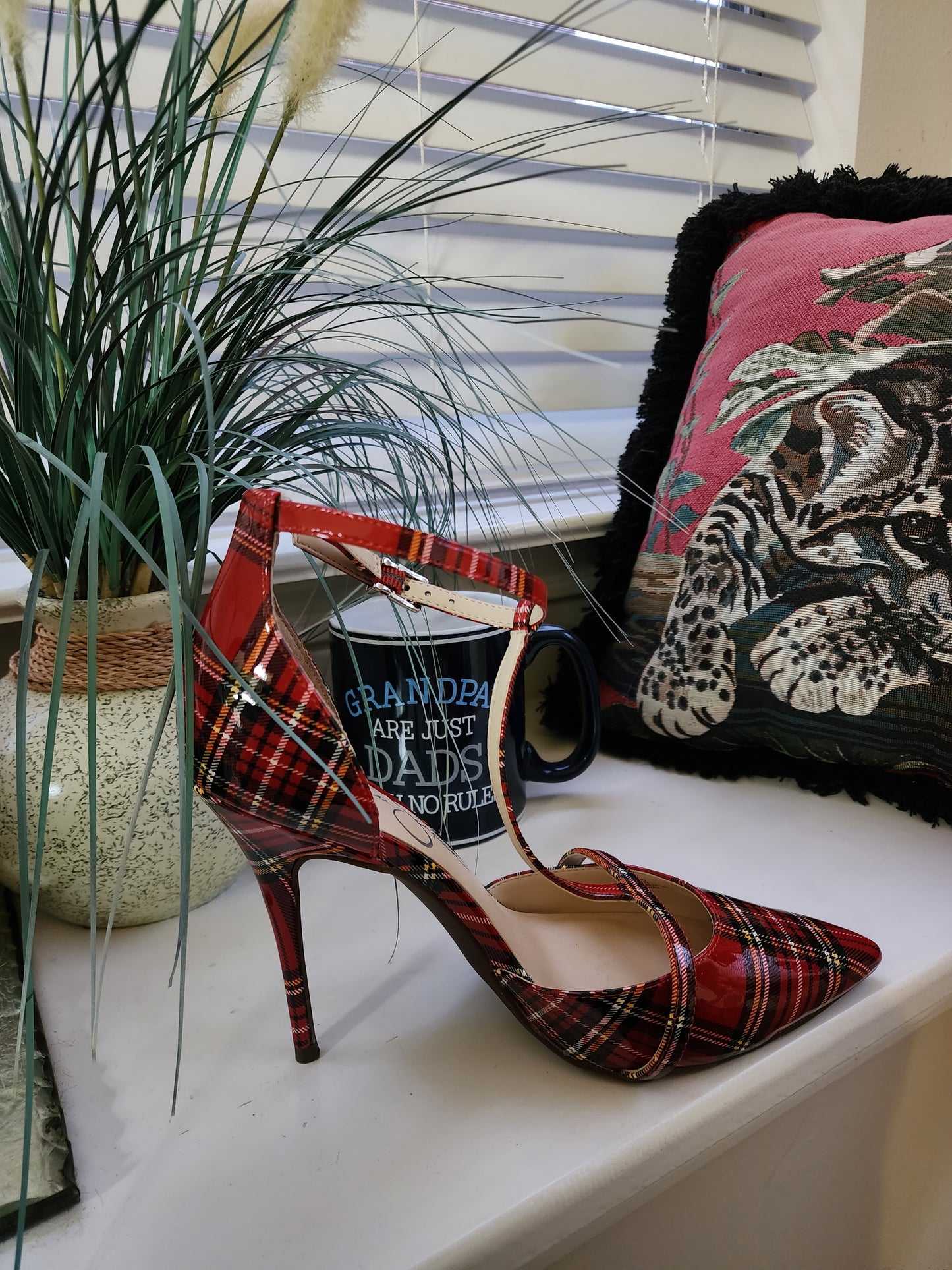 Jessica Simpson Red Plaid T-Strap /Ankle Strap Heel