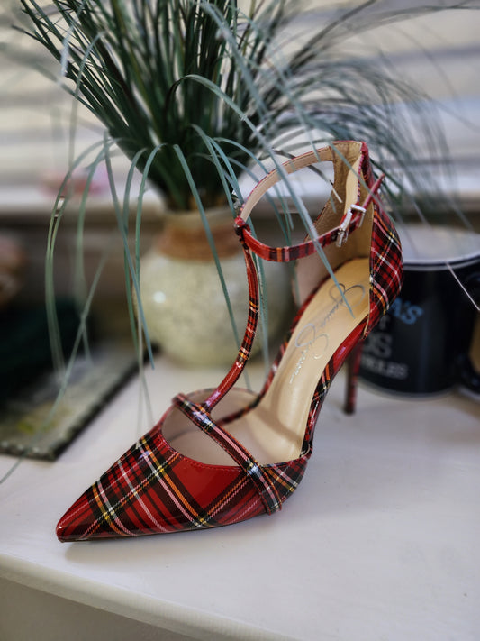 Jessica Simpson Red Plaid T-Strap /Ankle Strap Heel