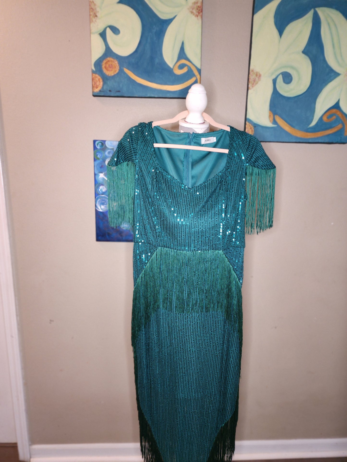 Aomei Green Sequin and Fringe Dress