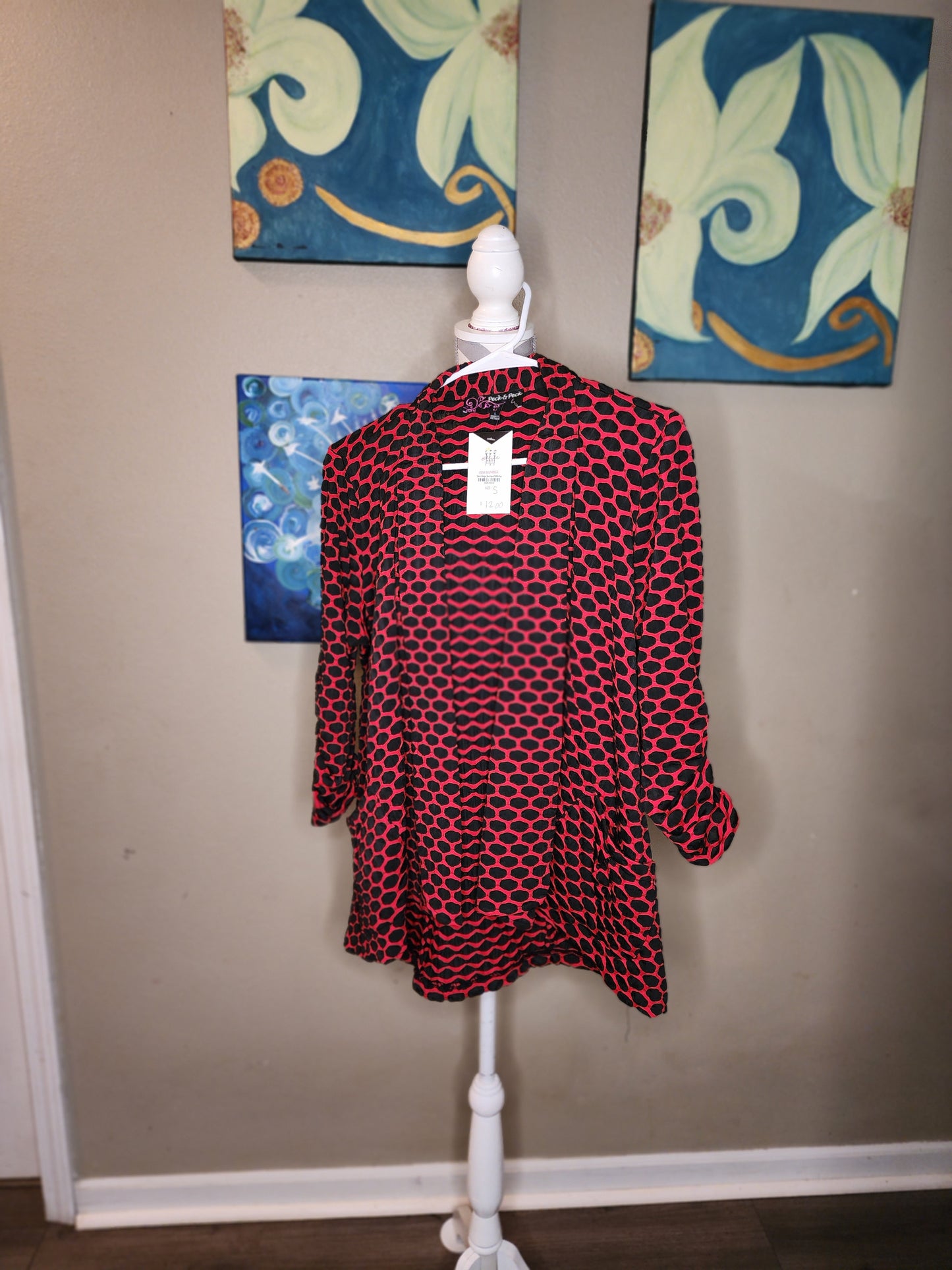 Peck & Peck Red and Black Cardigan with Ruched Sleeves