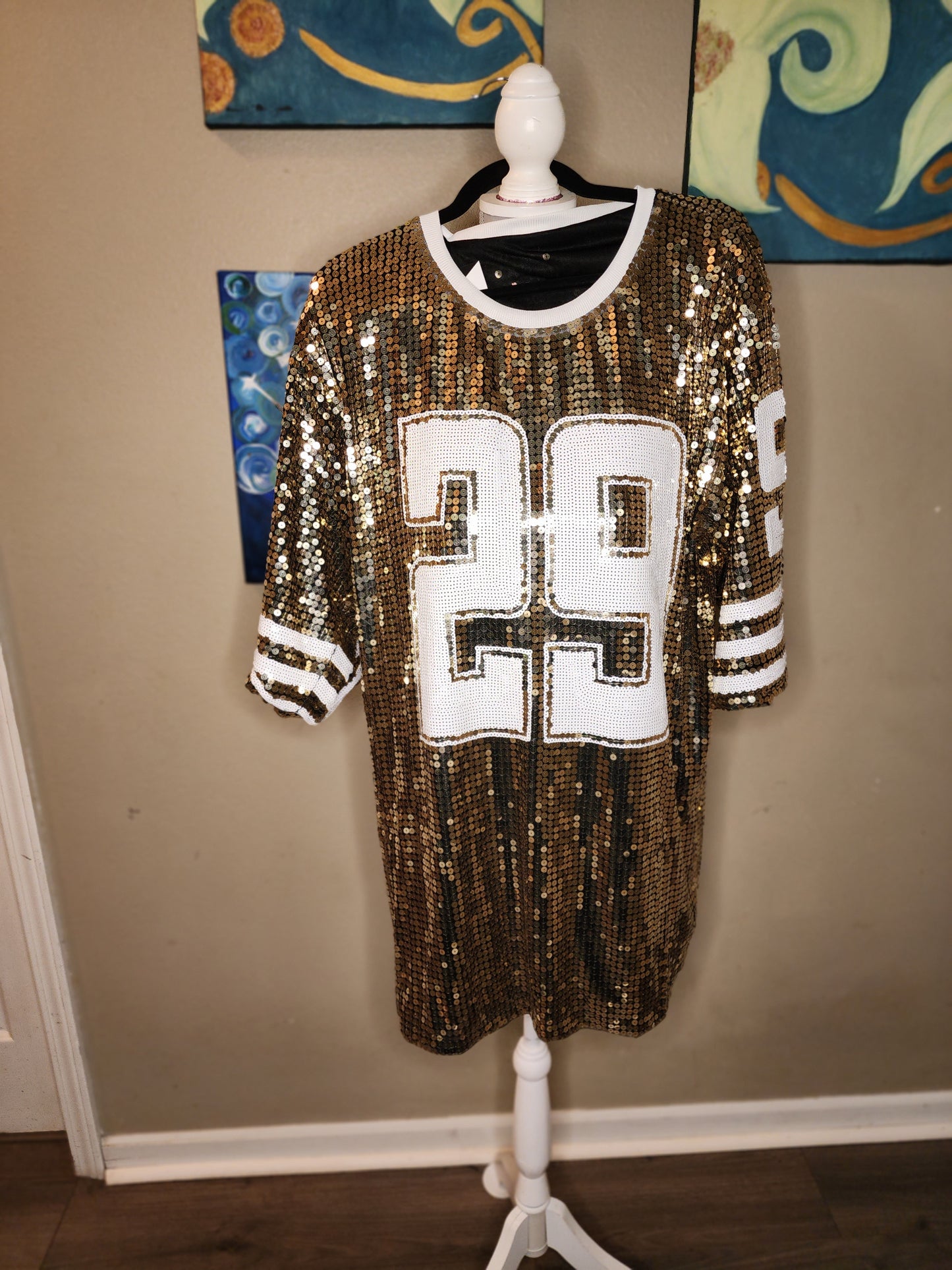 Sequin Jersey Dress in Gold and White #29