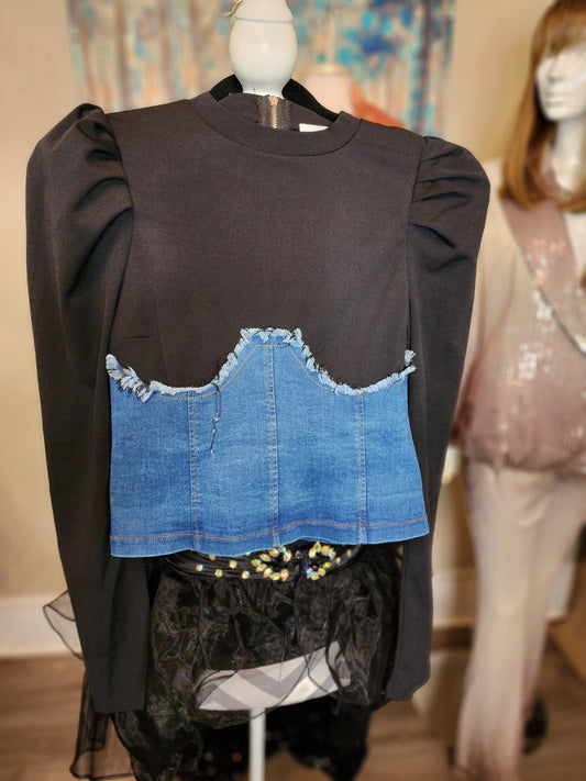 JW Signature Black Blouse with Denim Bustier