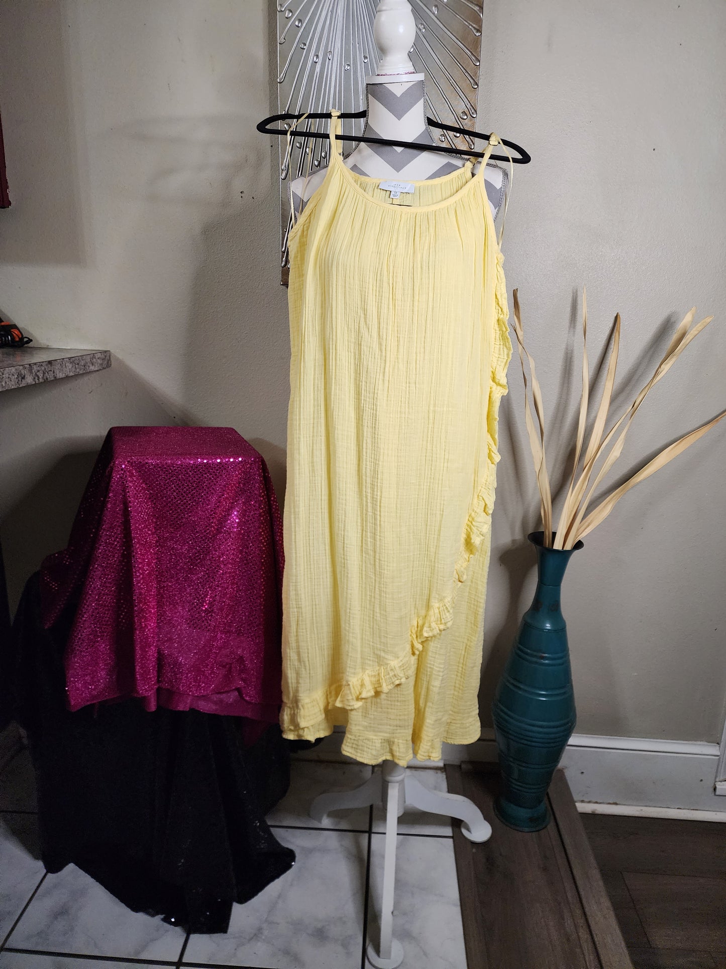 New Directions Yellow Gauze Dress with Ruffle