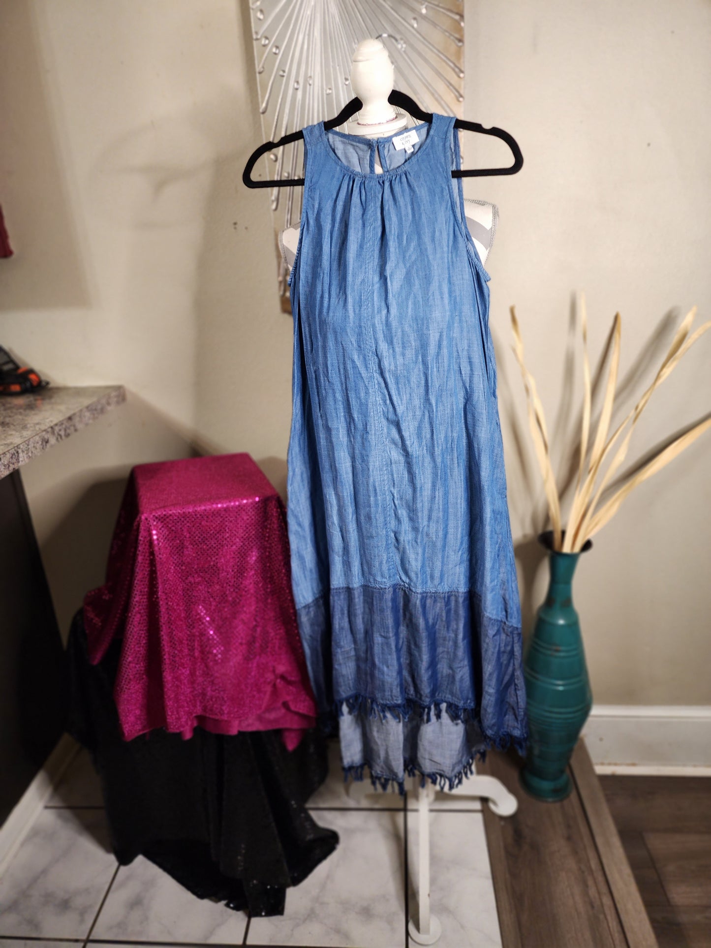 Crown & Ivy Chambray High Low Dress with Fringes
