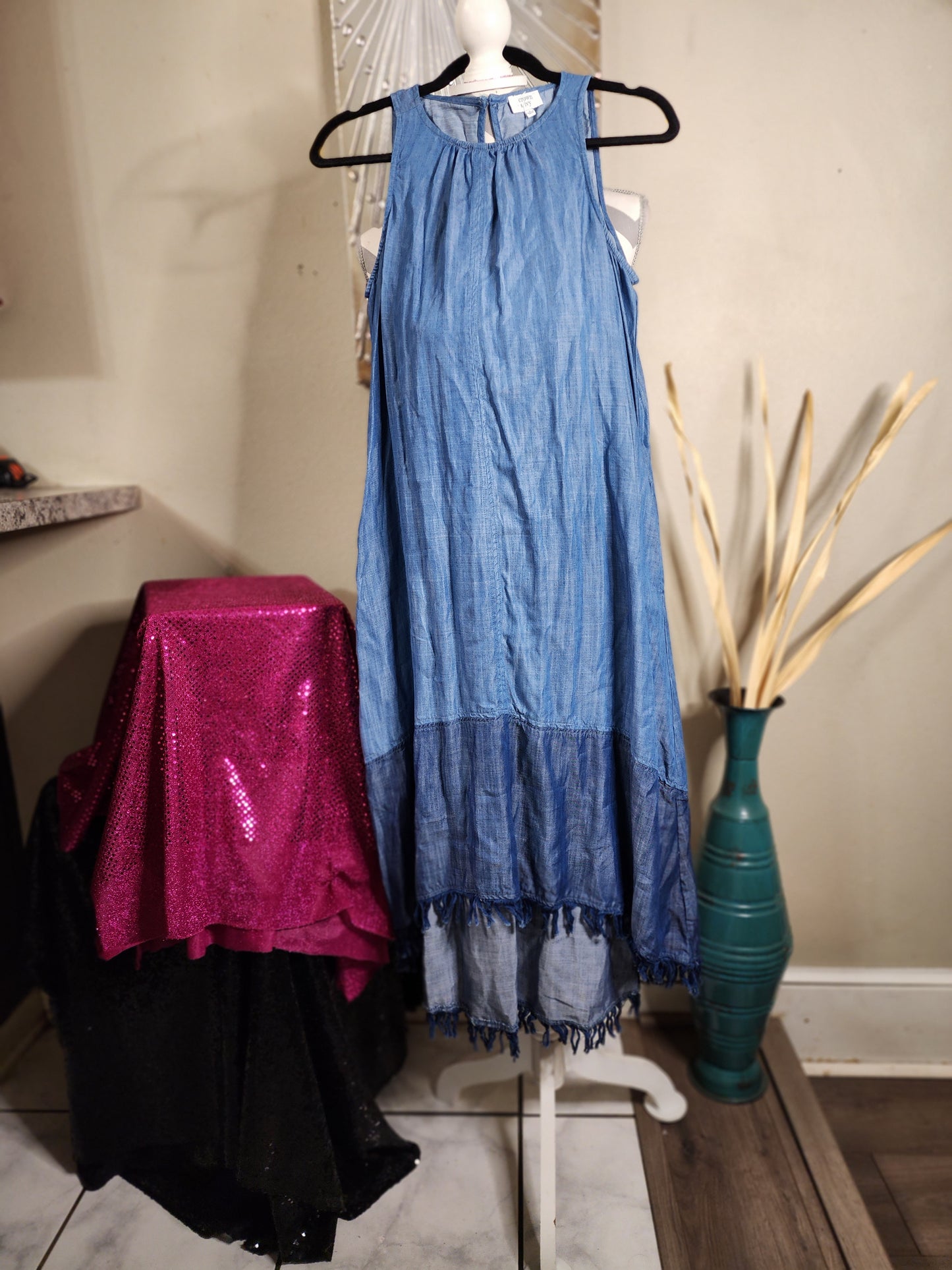 Crown & Ivy Chambray High Low Dress with Fringes